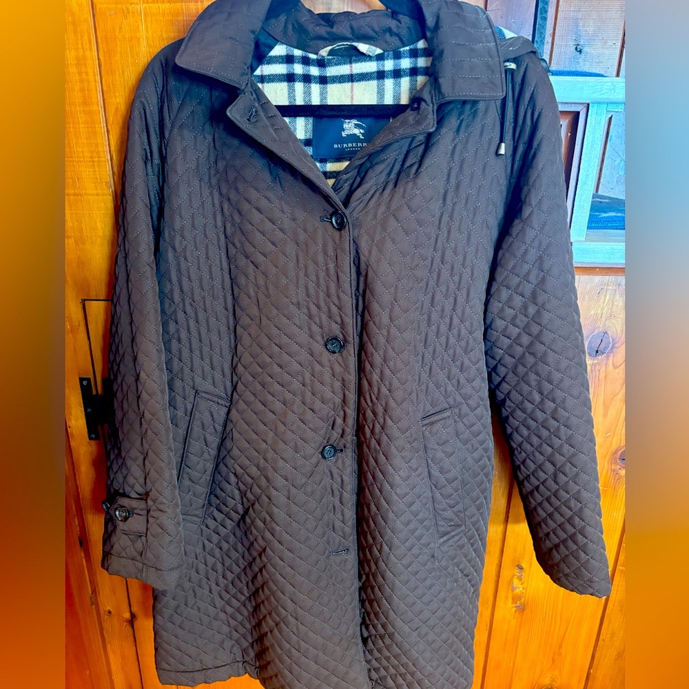 Burberry Dark Brown Quilted Trench Coat with Check Lining